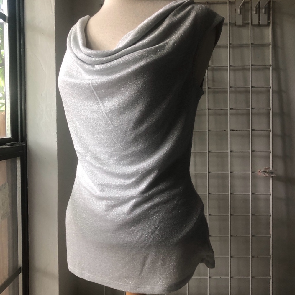 White House Black Market silver, drape neck top, sleeveless, fully lined.